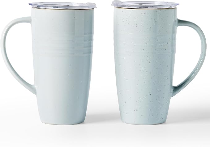 famiware Jupiter Large Coffee Mug, 20oz Coffee Mug with Lid, Ceramic Mugs Set of 2, Cup Set with Handle for Latte, Tea, Cocoa, Milk, Home & Office, Microwave and Dishwasher Safe, Light Blue by Famiware