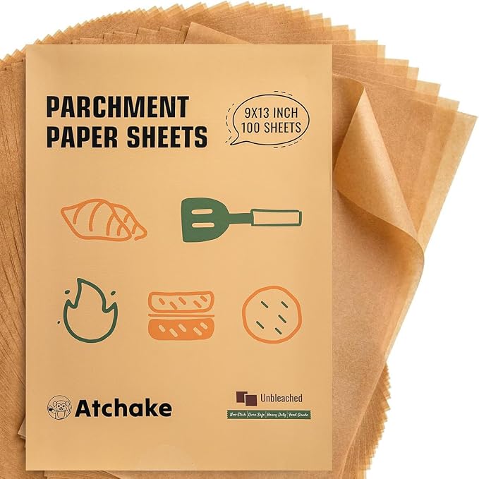 9x13 Unbleached Parchment Paper Sheets for Baking, Precut Brown Parchment Paper for Oven, Air Fryer, Non-Stick Greaseproof Baking Paper for Quater Sheet, Cookies Bread Pizza Cake Bake, 100PCS by Atchake