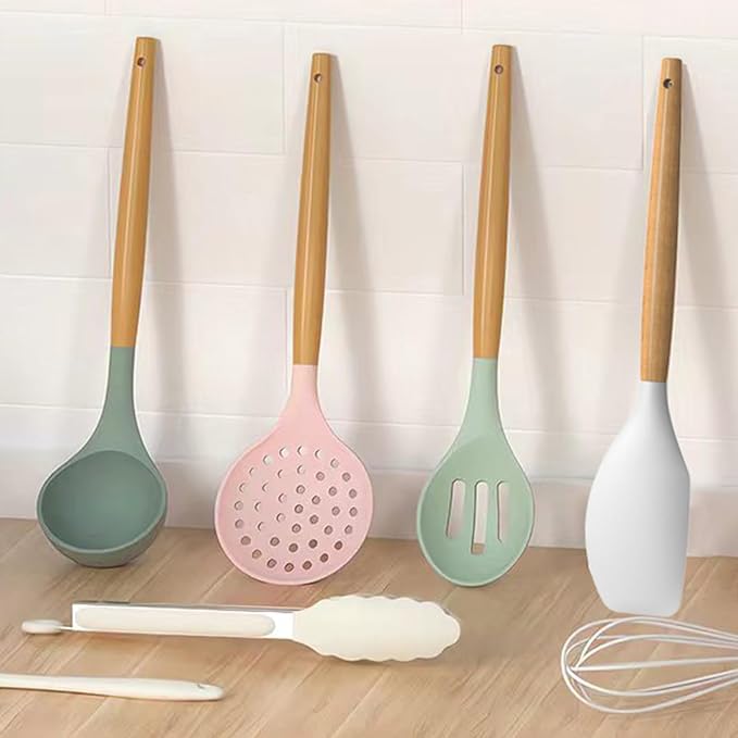 oannao Silicone Cooking Utensils Set - 446°F Heat Resistant Silicone Kitchen Utensils for Cooking,Kitchen Utensil Spatula Set w Wooden Handles, BPA FREE Gadgets for Non-Stick Cookware (Colorful) - Image 7