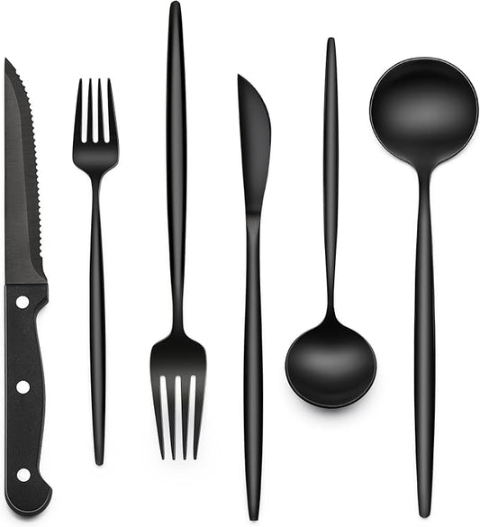 EWFEN 24-Piece Black Silverware Set with Steak Knives, Black Flatware Set for 4, Food-Grade Stainless Steel Tableware Cutlery Set, Mirror Finished Utensil Sets for Home Restaurant, Long Edge by EWFEN