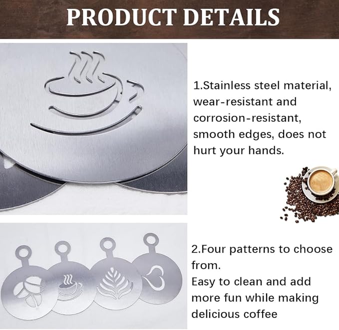 GORGECRAFT 4 Styles Coffee Latte Decorating Stencils Stainless Steel Chocolate Heart Leaf Metal Cookie Cocktail Stencils Barista Cappuccino Tools Foam Art Templates for Cup Cake Birthday Cake