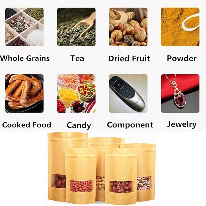 Kraft Paper Bags With Frosted Window And Zip Lock Decorative Heavy Duty Heat Seal Recycled Resealable Mylar Stand Up Pouches Bags Sealable For DIY Food Snack Cookies Candy Coffee Popcorn (7x10+4inch) - Image 9