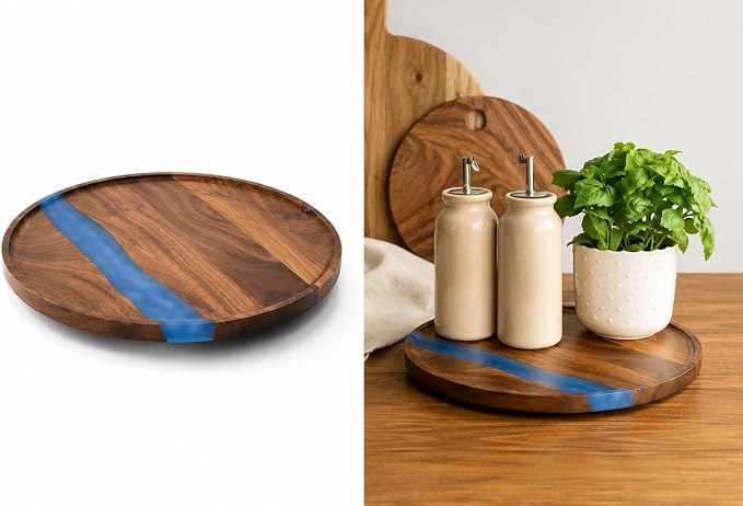 Walnut Wood & Epoxy Resin Rotating Tray – Decorative & Practical Lazy Susan Turntable for Coffee Table, Dining Table, Kitchen & Office – Elegant Wooden Centerpiece & Serving Organizer – Gift Idea - Image 3