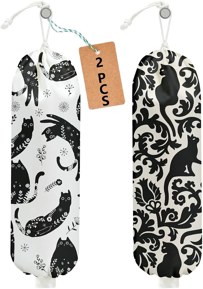 2Pcs Black White Floral Cat Plastic Bag Holder, Wall Mount Grocery Bag | Plastic Bags Storage, Mysterious Cats Reusable Grocery Bags Storage Dispenser for Home Kitchen Decor, Cat Lover Gifts by Unknown