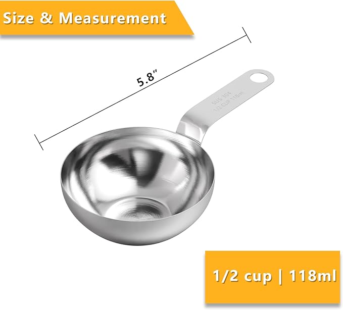 2PCS 1/2Cup (118ml, 4oz) Single Measuring Cup with Black Silicone Grip, 18/8 Stainless Steel Individual Measure Scoop Only