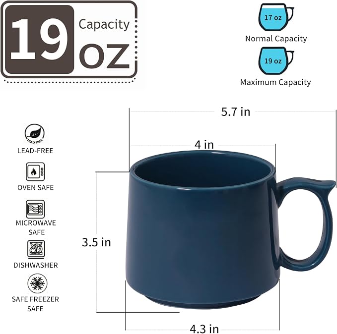 Coffee Mugs Gift Set of 4, Large 19 oz Stackable Ceramic Coffee Mug, Coffee Cups with Large Handle for Latte, Cappuccino, Milk, Dishwasher & Microwave Safe, Ideal Gift for Men, Women - Blue - Image 2