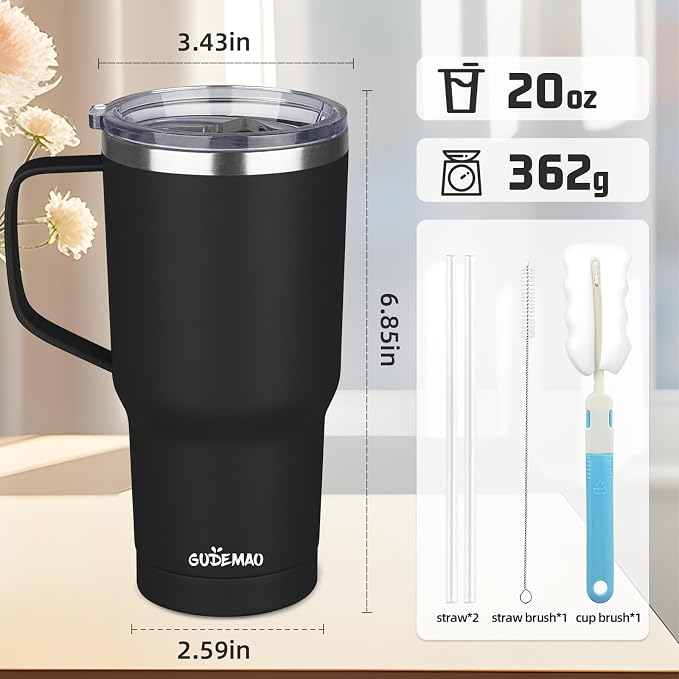 20 oz Insulated Coffee Mug with Ceramic Coating, Stainless Steel Travel Mug Tumbler with Handle Lid and Straw, Double Wall Leak-Proof Coffee Travel Mug Keeps Drink Hot and Cold (Black) - Image 2