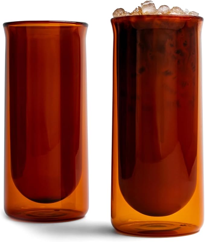 FLUR Iced Coffee Glasses (Set of 2) Perfect for Iced Coffee, Cold Brew & Lattes – Double-Walled Borosilicate Glass – For Hot & Cold Drinks – Lightweight & Easy to Clean – 15.5oz (Amber) by FLUR
