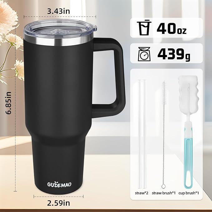 40 oz Insulated Coffee Mug with Ceramic Coating, Stainless Steel Travel Coffee Tumbler with Handle Lid and Straw, Double Wall Leak-Proof Coffee Travel Mug Keeps Drink Hot and Cold (Black) - Image 2