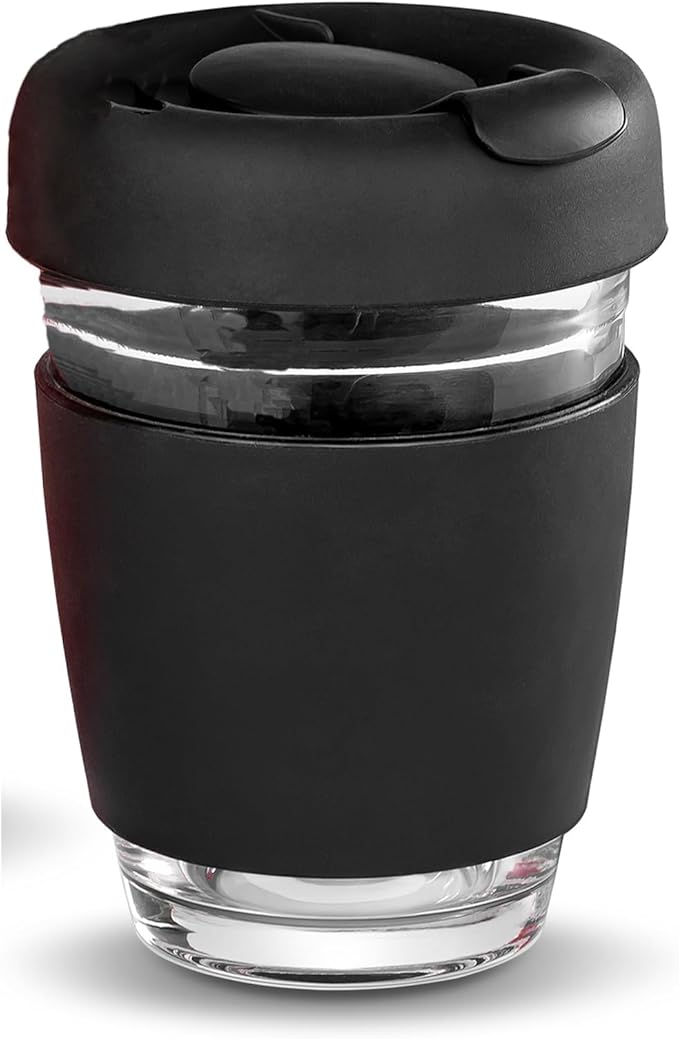 12 oz Glass Coffee Cup with Lid and Sleeve, Black Travel Coffee Mug for Hot or Iced Drinks, Reusable Travel Tumbler for Home, Office, or On The Go, Leak Proof, BPA Free