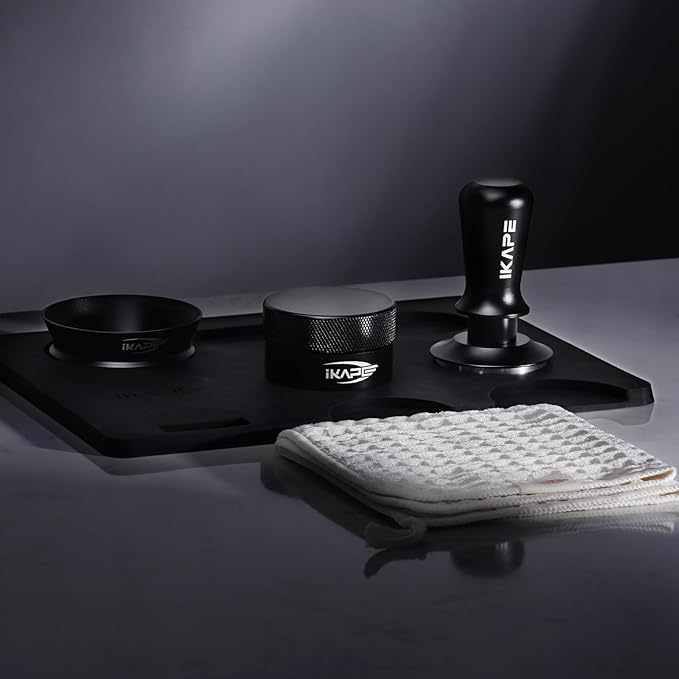 IKAPE 51MM Espresso Tamper Kit Black 6 IN 1, Espresso Accessories Kit Featuring Coffee Tamper, Distributor, Magnetic Dosing Funnel, Silicone Mat, Puck Screen, Cleaning Towel