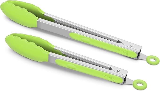 2 Pack Silicone Kitchen Tongs, 9 & 12 Inch, Stainless Steel, Light Green by ALLWIN-HOUSEWARE