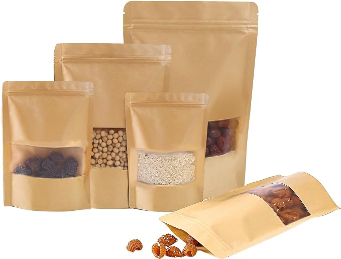 105 Pcs Windowed brown paper Bags，4.7x 7.9 Inch Stand Up Pouches, Zip Lock Food Storage Bags， Reusable Sealing Pouches for Packaging Products(Brown) (4.7 * 7.9in) by Unknown