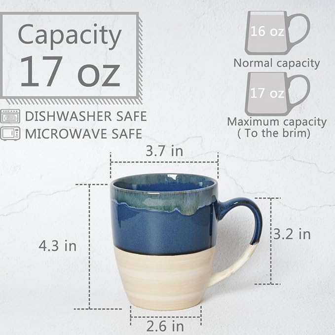 Bosmarlin Ceramic Coffee Mug Set of 4, 17 Oz, 5 Colors to Choose, Tea Cups, Dishwasher and Microwave Safe, Reactive Glaze (Deep Blue) - Image 2
