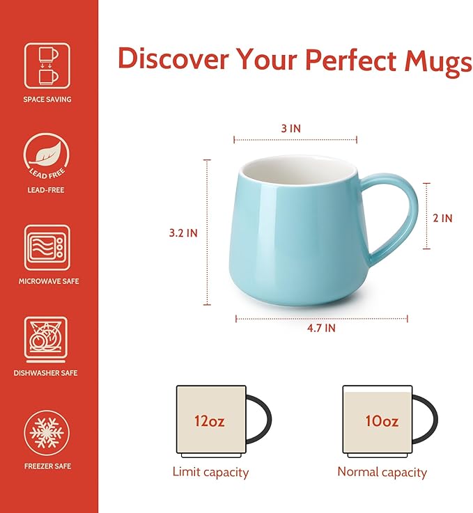 Sweese Porcelain Coffee Mugs Set of 6, 12 Ounce Coffee Cups with Handle for Coffee, Tea, Cocoa, Blue Assorted Colors Coffee Mugs with Modern Design for Great Gift Option, Microwave Safe - Image 2