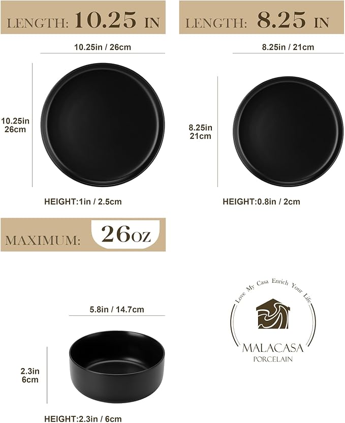 MALACASA 12 Pcs Porcelain Plates and Bowls Sets,Dinnerware Set for 4,Black | Modern Ceramic Dishware Set,Kitchen Dining Ware,Microwave and Dishwasher Safe,Simple Matt Black Design,Series LUNA - Image 2