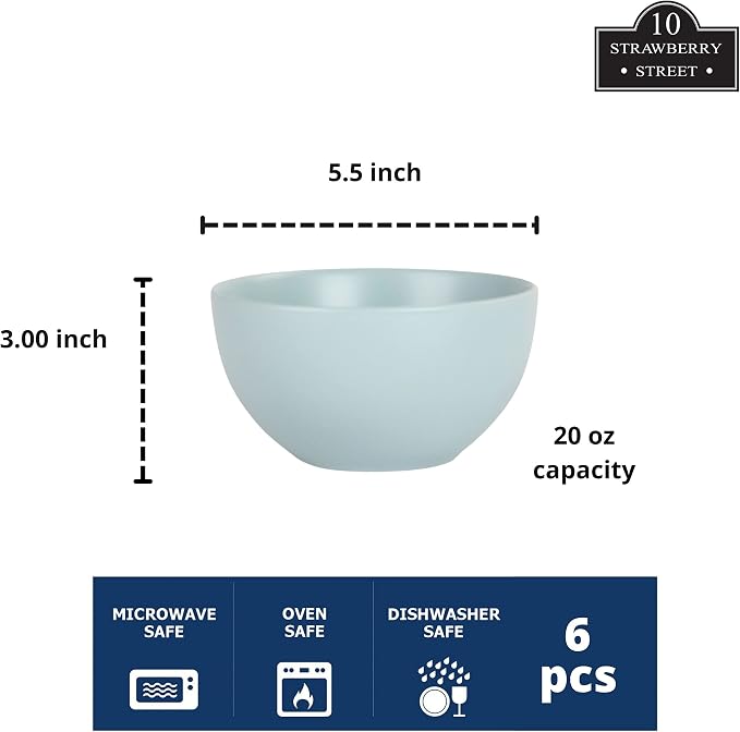 10 Strawberry Street Wazee Matte 5.5"/16oz Cereal Bowl, Set of 6, Mineral Blue - Image 2