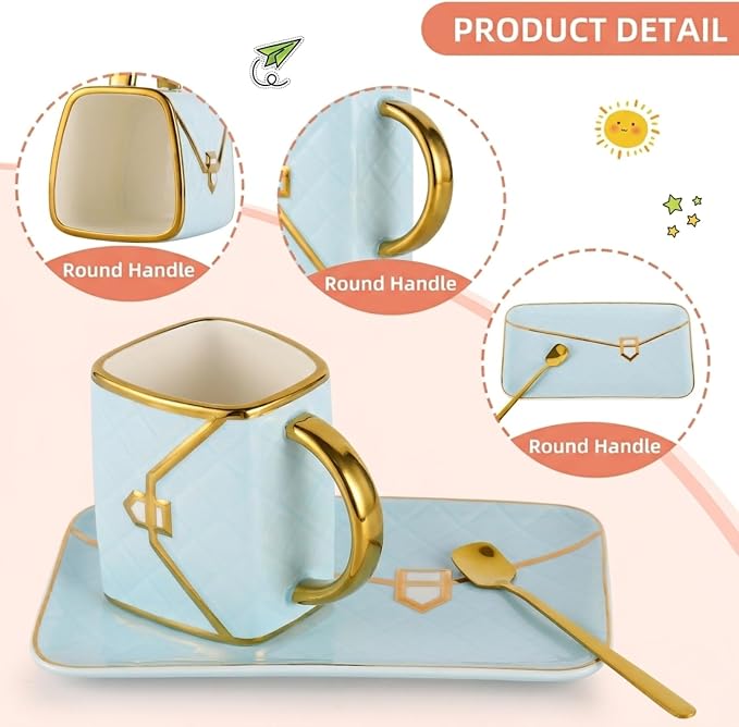 Purse Shaped Mug Set, 10 oz Ceramic Handbag Cup with Saucer & Spoon, Blue | Cute tea cup for women and men, with quilted details and gold-tone accents for espresso, office desks, home hosting and gifts - Image 4