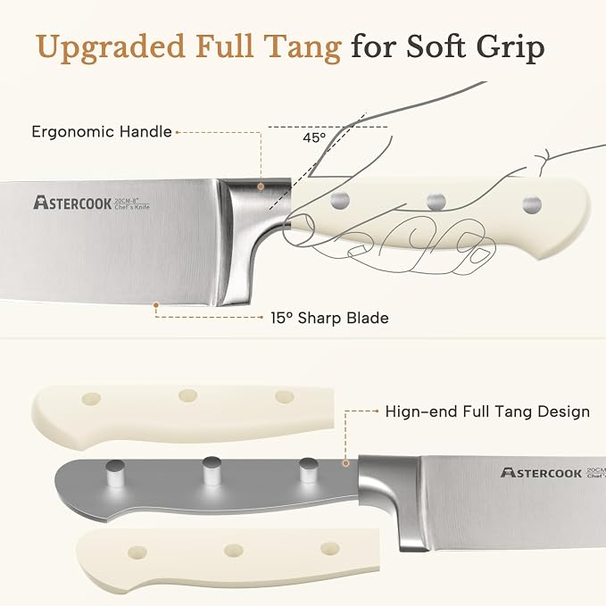 Knife Set,Astercook Kitchen Knife Set with Block 22-Piece Full Tang Stainless Steel Knives with Sharpener Dishwasher Safe and Anti-Slip Ergonomic Handle Elegant Cream White Utensils Set - Image 2