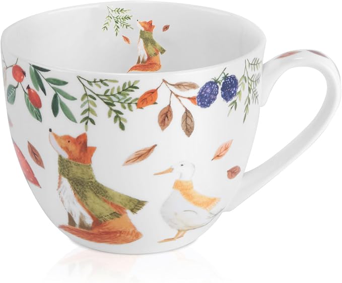 Autumn Forest Animal Mug - 20 oz Bone China Coffee Mug with Fox, Squirrel & Duck, Cozy Fall Gift for Nature Lovers and Friends, Designed in England by Harvest Green Studio by MFoffice