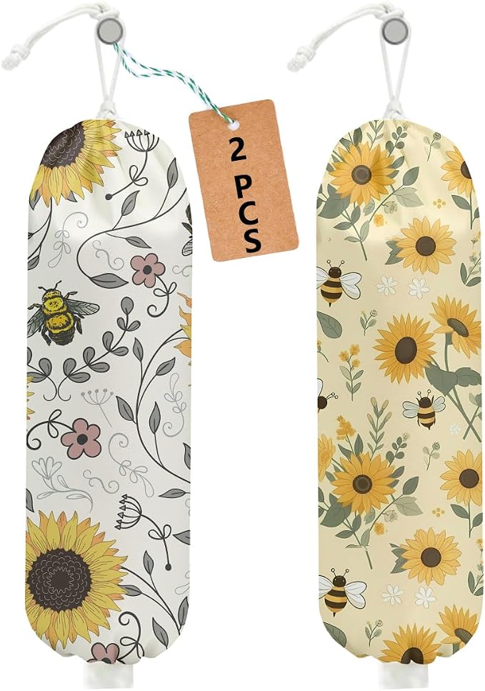2Pcs Cute Bee Plastic Bag Holder, Wall Mount Grocery Bag Holder | Vintage Rustic Sunflower Reusable Grocery Bags Storage Dispenser for Home Kitchen Pantry, Sunflower Gifts for Women by Unknown