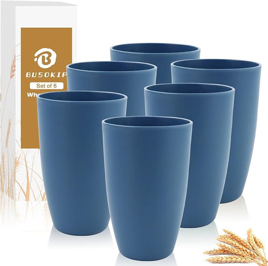 20 OZ Large Drinking Cups, Wheat Straw Cups Set of 6, Unbreakable Plastic Tumblers, Big Kitchen Cups Microwave & Dishwasher Safe Water Glasses for Kitchen, Bathroom, Party - Blue by BUSOKIP