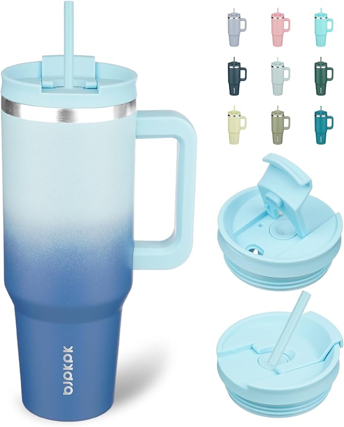 BJPKPK 40 oz Insulated Tumbler with Handle & Straw, Stainless Steel | Double Wall Vacuum Insulation, Leak Proof, BPA Free, Dishwasher Safe, Cupholder Friendly, Travel & Outdoor, Sky by BJPKPK