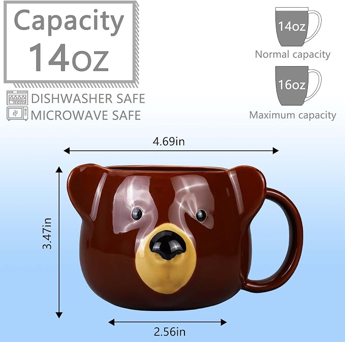 Bear Mug 14 oz Ceramic Coffee Mug 3D Porcelain Tea Cup for Women & Men - Kawaii Bear Gifts for Christmas, Housewarming, Birthday - Brown - Image 2