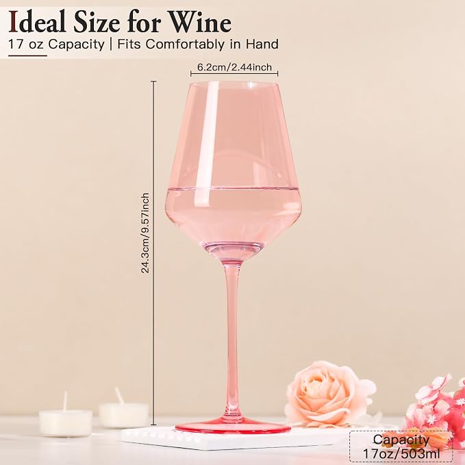 Pink Wine Glasses Set of 6, Handblown Colored Wine Glasse,Pink Coloful Glassware,17OZ for Red or White Wine,Wedding Gift, Anniversary, Christmas, Mothers Day Gifts,Gifts for My Wife - Image 2