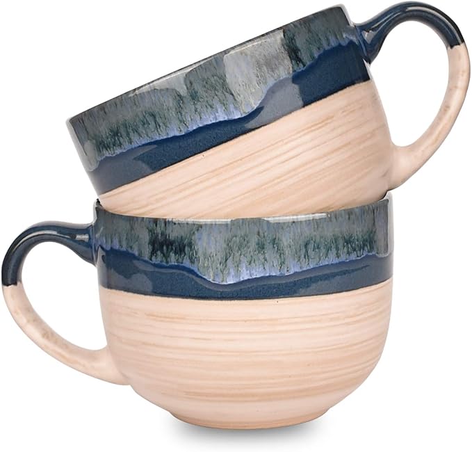 Bosmarlin Large Ceramic Coffee Mug Set of 2, Stoneware Latte Mug for Office and Home, 16 Oz, Dishwasher and Microwave Safe, (Prussian Blue, 2) by Bosmarlin