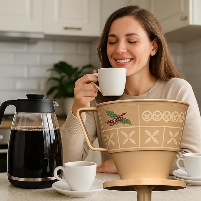 Coffee Filter Holder Beige | Reusable Pour Over Dripper | BPA Free Countertop Brew Tool | Plastic Cone Funnel Carafe, Thermos Compatible