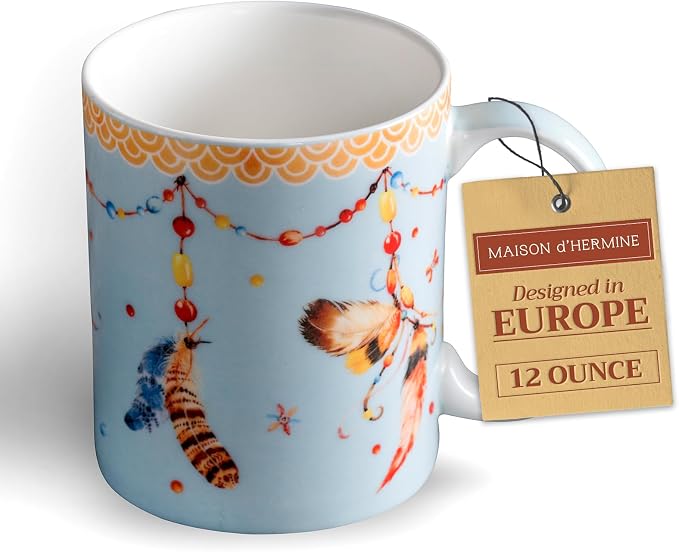 Maison d' Hermine Coffee Mug with Handles Tea Cups (12 Ounce, Pack of 1) | Fine Bone China Coffee Mugs for Hot Beverages Cappuccino Latte Home Restaurant Hotel Spring Summer -Ibiza - Blue - Festival by MaisondHermine