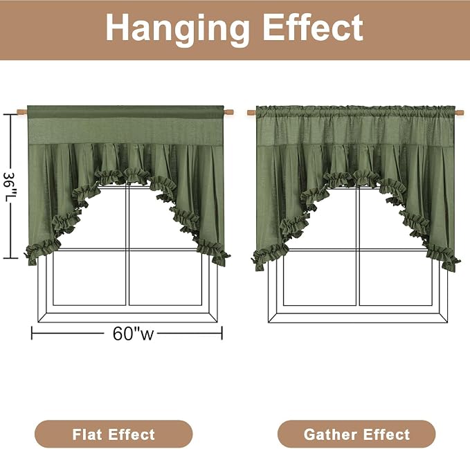 Likiyol Linen Valances for Windows Farmhouse Ruffle Swag Valance Rustic Country Window Valances Light Filtering Kitchen Curtains Rod Pocket Valance Curtains for Bathroom Cafe, Green, 60" W x 36" L - Image 3
