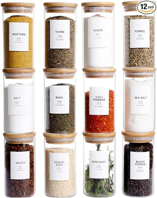 12 Pcs Glass Spice Jars With Bamboo Airtight Lids, 8oz Thicken(2.4mm) Spice Containers With 148 Minimalist Preprinted Waterproof Spice Labels, Kitchen Empty Small Storage Jars For Seasoning, Herb by HHMJSM