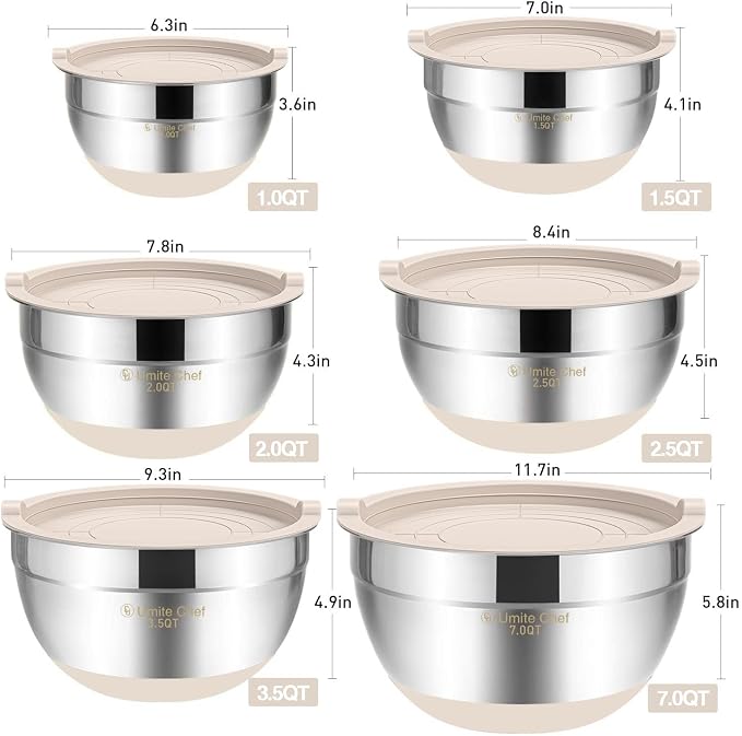 Umite Chef Mixing Bowls with Airtight Lids, 6 piece Stainless Steel Metal Nesting Storage Bowls, Non-Slip Bottoms Size 7, 3.5, 2.5, 2.0,1.5, 1QT, Great for Mixing & Serving (Khaki) - Image 6