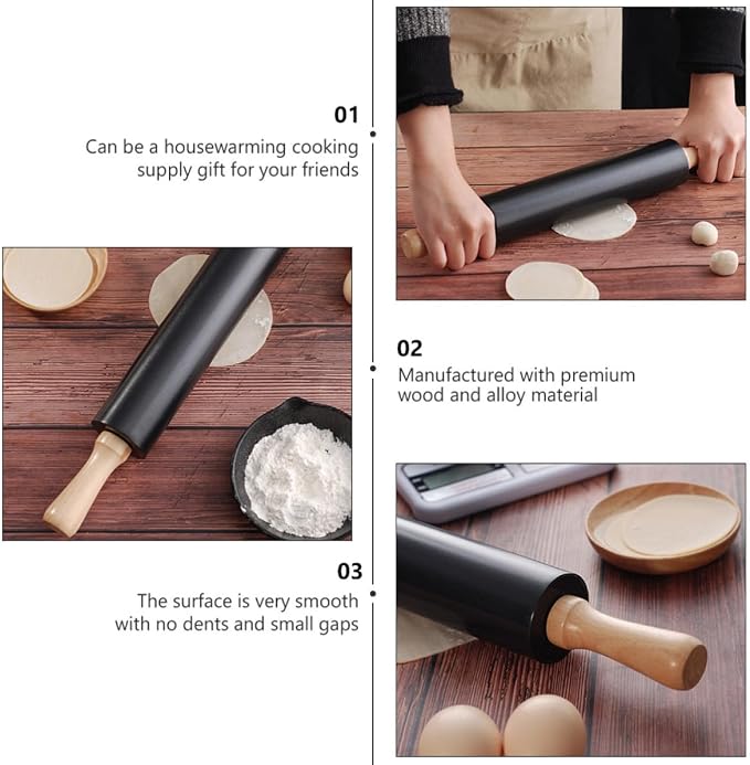 Black Smooth Surface Dough Rolling Pin Non-stick Wooden and Alloy Baking Tool for Kitchen Use and Bread Making - Image 5