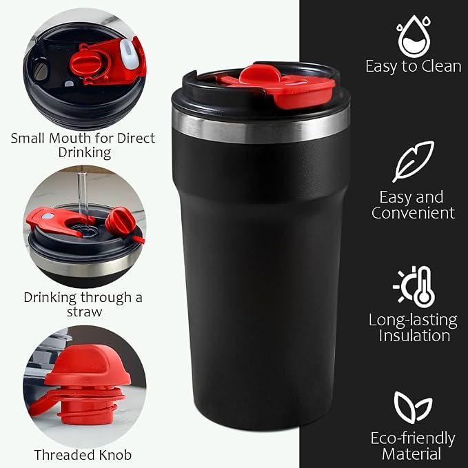 SPLMIFA Travel Coffee Mugs Leak-Proof, Reusable Coffee Cups with Lids, Stainless Steel Vacuum Insulated Coffee Tumblers, Thermal Insulation Cups for Men and Women Hot & Cold Drinks(4th-Black, 16OZ) - Image 2