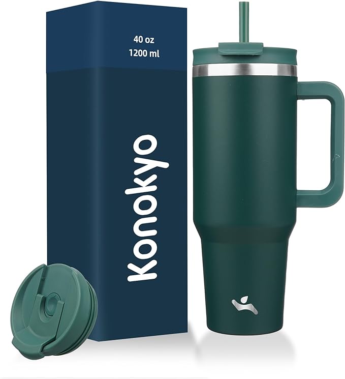Konokyo 40 oz Insulated Tumbler Water Bottle with Handle, Straw Lid | BPA-free and dishwasher safe; made for gym, travel, coffee and gifting, 2 straws, cup holder friendly,Dark Green by Konokyo