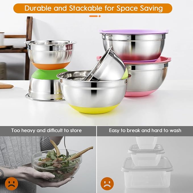 Mixing Bowls with Airtight Lids, 18pcs Stainless Steel Mixing Bowls Set | Nesting Non-slip Silicone Bowls Bottom, Size 4.5, 3.6, 2.7, 2.1, 1.7, 1.1, 0.7 qt, Fit for Mixing & Serving(Colorful ) - Image 9