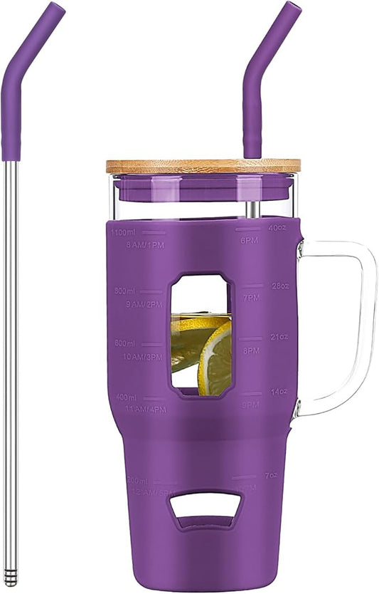 Glass Cups with Handle and Bamboo Lids - 40 oz Tumbler with Stainless Steel Straw | Glass Water Bottle with Silicone Sleeve for Coffee, Smoothi, Hot, Cold Drinks for Travel, Office, Home (Purple)