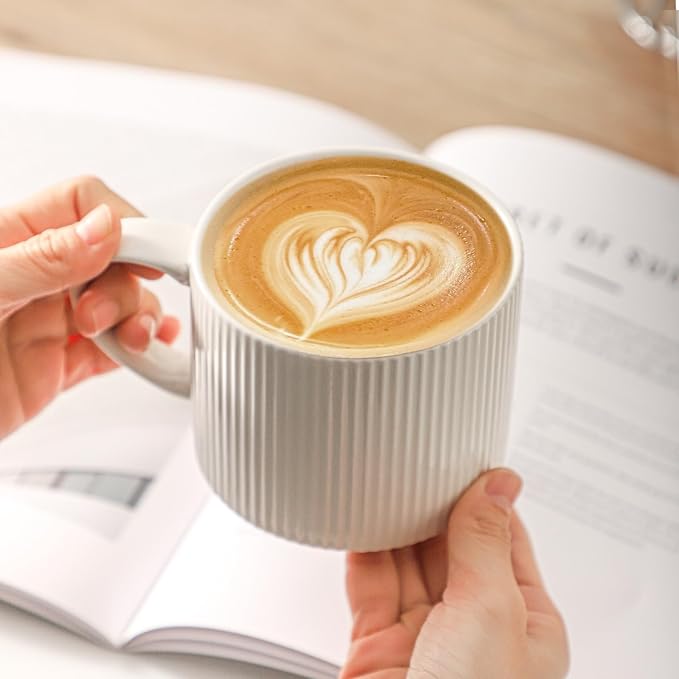 HASENSE Stackable Coffee Mugs,15oz Coffee mugs Set of 4,Ceramic Coffee Mug with Rack,Porcelain Coffee Cups for Latte,Cocoa, Americano, Hot Tea and Milk,Vertical Striped,White - Image 5