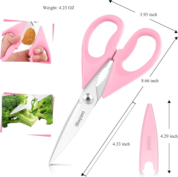 iBayam Cute Kitchen Scissors All Purpose Heavy Duty Meat Poultry Shears | Pastel Pink, Mint Blue, Built-In Bottle Opener, Protective Sheath, Dishwasher Safe, Stainless Steel, Comfort Grip, Left/Right - Image 3