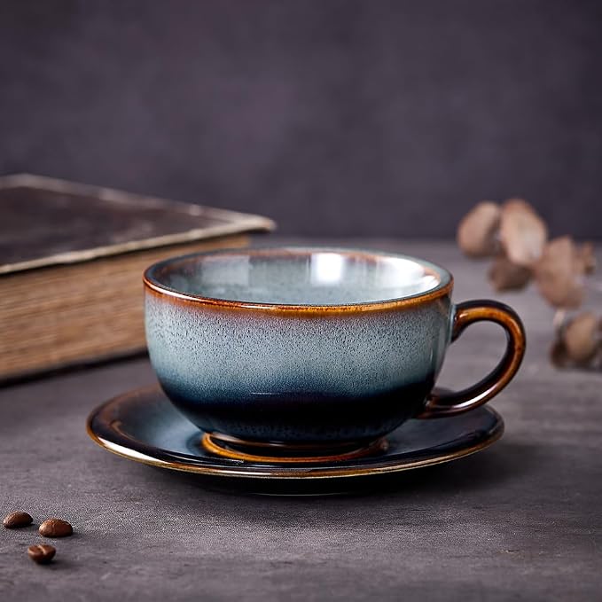 Coffeezone Vintage Design 12 oz Ceramic Latte Art Cappuccino Barista Cup with Saucer (Fog Grey) - Image 2