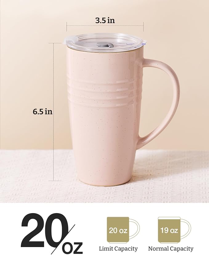 famiware Jupiter Large Coffee Mug, 20oz Coffee Mug with Lid, Ceramic Cup with Handle for Latte, Tea, Cocoa, Milk, Home & Office, Microwave and Dishwasher Safe, Light Pink - Image 4