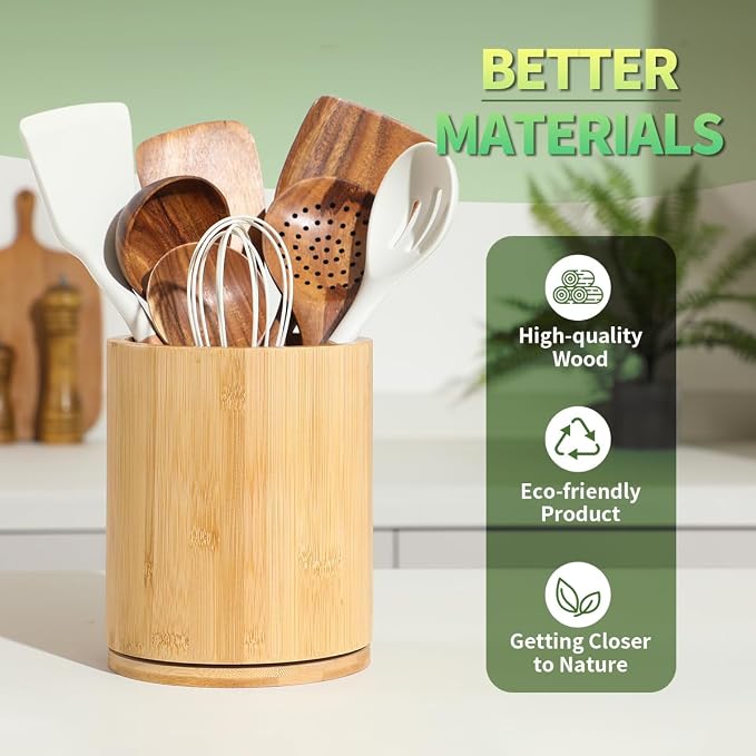 Bamboo Wood Utensil Holder, 360° Rotating 7.3 in Kitchen Organizer | Rustic farmhouse countertop decor. 360° rotating base holds spatulas, ladles, tongs, and cooking tools. Natural bamboo wood. - Image 5