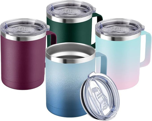 MEWAY 12oz Coffee Mug With Handle 2 Pack Bulk,Stainless Steel Insulated Travel Tumblers With Sliding Lid,Double Wall Vacuum Camping Cup for Hot & Cold Drinks Tea (Forest Green&Plum,Set of 4) by MEWAY