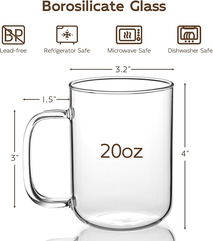 Glass Coffee Mugs, 20 oz Ice coffee cups, Large Clear Tea Cups Set of 2, Glass Mugs with Handles, Glass Cups for Latte, Cappuccino, and Tea