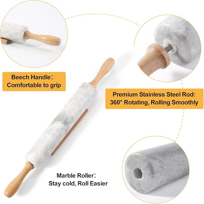 African Natural Marble Rolling Pin, Non-Stick Polished Dough Roller, Pasta, Dumpling, Fondant, Pie Crust, Bread, Pizza Dough, Kitchen Baking Pastry Tools with Mat/Scraper(Grigio Fantasy) - Image 5