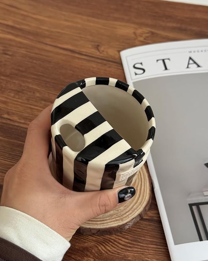 Coffee Mug Espresso Cup 10oz Ceramic Coffee Mugs Porcelain Coffee Cup Hand-Painted Striped Art Multiple Use for Kitchen, Dining-Black - Image 3