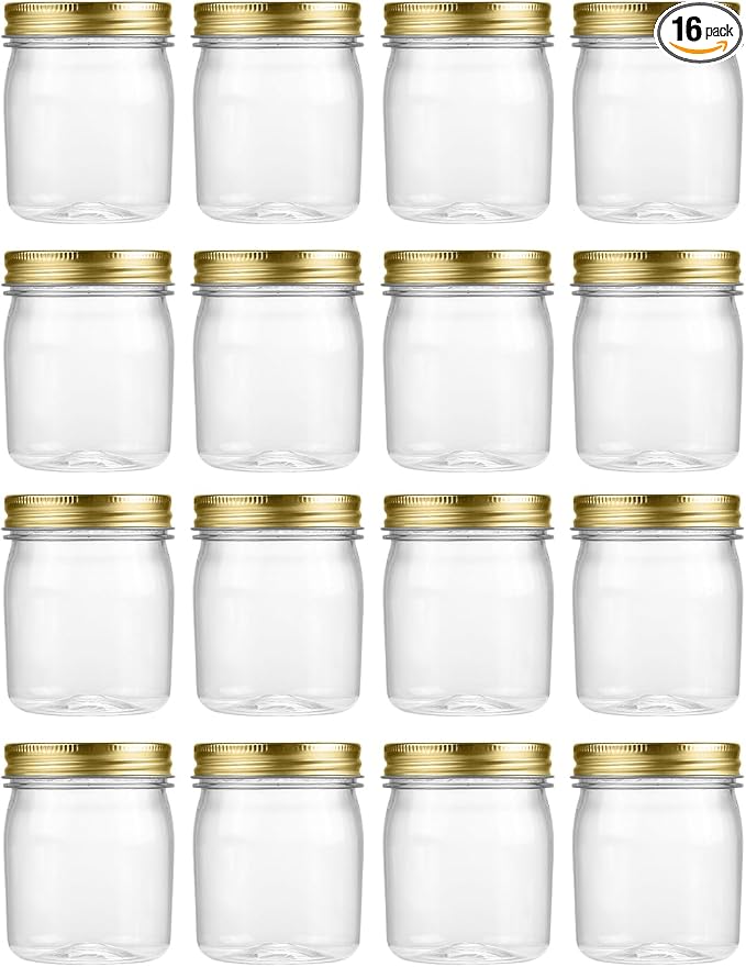 novelinks 8 oz Plastic Mason Jars and Clear Plastic Jars with Lids 8 oz | 16 Pack, Gold, Plastic Containers with Lids, Small Mason Jars, Clear Jars Bulk, Spice Jars, Slime Jars, Mini Jars by novelinks